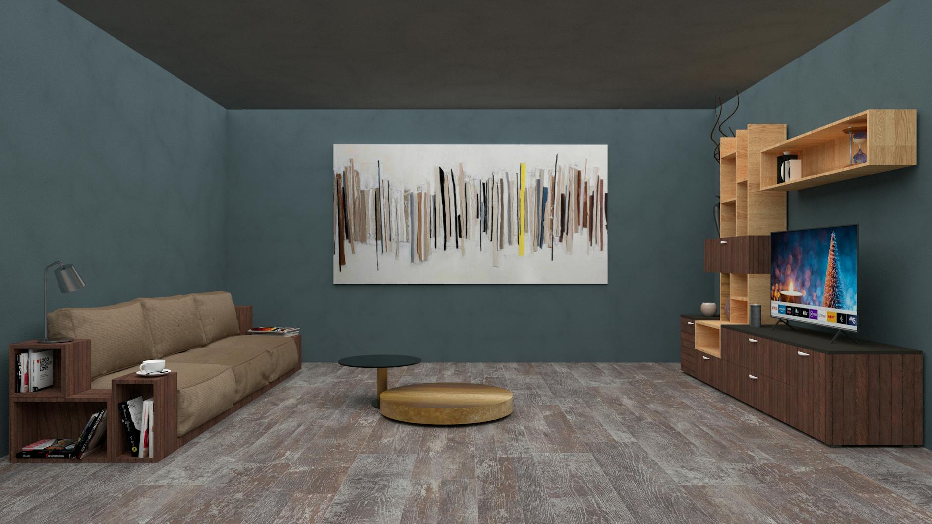 Nowoczesny salon z kanapą, abstrakcyjnym obrazem i zabudową RTV
